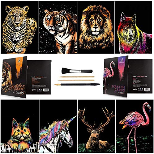 Scratch  and  Sketch Art Paper A4 for Kids  and  Adults  Rainbow Painting Night View Scratchboard  Art and Craft  Engraving Art Set  8 Sheets Scratch Cards  and  Scratch Drawing Pen  Clean Brush  8Pack   C