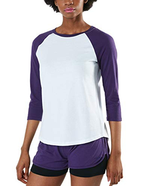 TSLA Women's 3 4 Sleeve Baseball Jersey Shirts  Casual Dynamic Cotton T-Shirt  Quarter Sleeve Raglan Tops  Dyna Cotton 3 4 Sleeve fts32  - White  and  Purple  X-Large