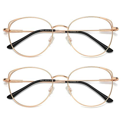 Blue Light Blocking Glasses Women Cat Eye Computer Eyeglasses Metal Frame Hipster 2 Pack Rose Gold ANDWOOD