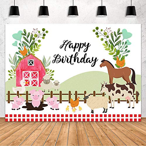 MEHOFOND Cartoon Red Farm Barn Theme Happy Birthday Party Decoration Backdrop Children Birthday Farm Animals Photography Background Farm Party Supplies Decoration Photo Prop Banner Vinyl 7x5ft