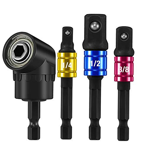 Drill Driver Bit Set Impact Screwdriver 1 2 Impact Adapter 3 8 Impact Angle Drill Adapter 3Pcs 1 4 3 8 1 2" Hex Shank Drill Nut Driver Bit SetPlusRight Angle Driver