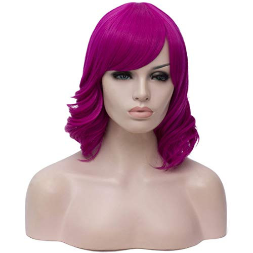 BUFASHION Short Wavy Bob Wigs Purple Curly Hair Wigs With Bangs Heat Resistant Cosplay Party Custom Wigs With Wig Cap  Purple