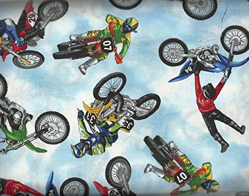 Stunt Dirt bikes Motocross Blue Timeless Treasures Sports Fabric