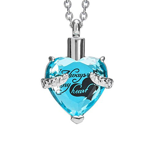 Crystal Cremation Jewelry Urn Necklace for Ashes Always in My Heart Memorial Urn Heart Pendant Keepsake Stainless Steel Jewelry?Blue?