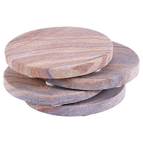 GoCraft Sandstone Absorbent Round Coasters  Natural Yellow Sandstone Coasters for Drinks  Beverages  and  Wine Bar Glasses  Set of 4