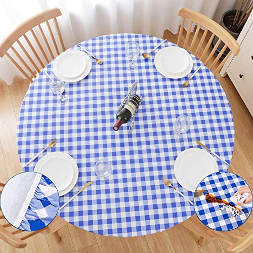 UMINEUX Round Fitted Vinyl Tablecloth with Elastic Edged and Flannel Backing Waterproof Wipeable Round Table Cover for Indoor Outdoor Patio Use - Fits Tables up to 44" - 56" Diameter Blue and White Plaid UMINEUX Round Fitted Vinyl Tablecloth with Elastic Edged and Flannel Backing Waterproof Wipeable Round Table Cover for Indoor Outdoor Patio Use - Fits Tables up to 44" - 56" Diameter Blue and White Plaid
