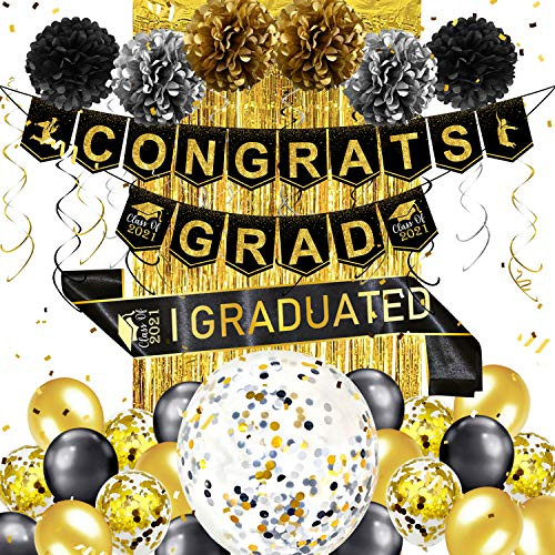 MOVINPE 2021 Graduation Decorations Party Supplies Black Gold Congrats Grad Banner I Graduated Sash Fringe Curtain 36'' Jumbo Confetti Balloons Pom poms Hanging Swirls for Class of 2021 MOVINPE 2021 Graduation Decorations Party Supplies Black Gold Congrats Grad Banner I Graduated Sash Fringe Curtain 36'' Jumbo Confetti Balloons Pom poms Hanging Swirls for Class of 2021