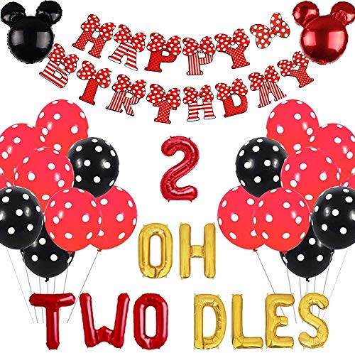 Geloar Red Oh Twodles Birthday Party Supplies  Mickey Minnie Themed 2nd Birthday Decorations with Oh Twodles Balloons Mickey Mouse Happy Birthday Banner Garland for Second Boy Girl Bday Party Decor