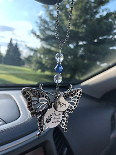 Custom Loved One and"Now She Flies with Butterflies" Large Antique Silver Tone Butterfly Charms and Birthstone Crystal Rear View Mirror Car Charm  Memorial Remembrance Family Member Home Decor
