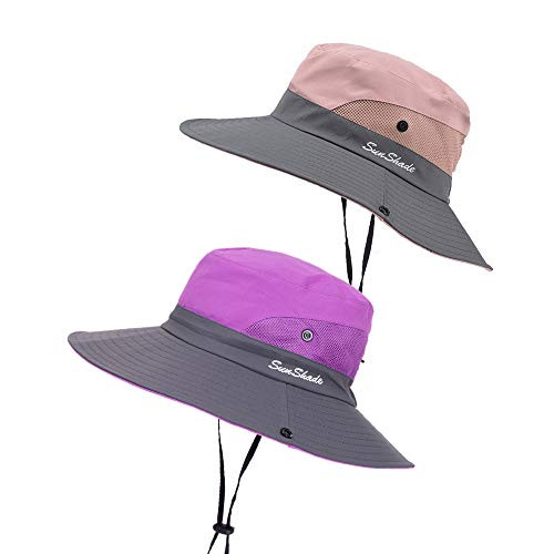 AICILY Women's Summer Mesh Wide Brim Sun UV Protection Hat with Ponytail Hole  Pink ?Purple