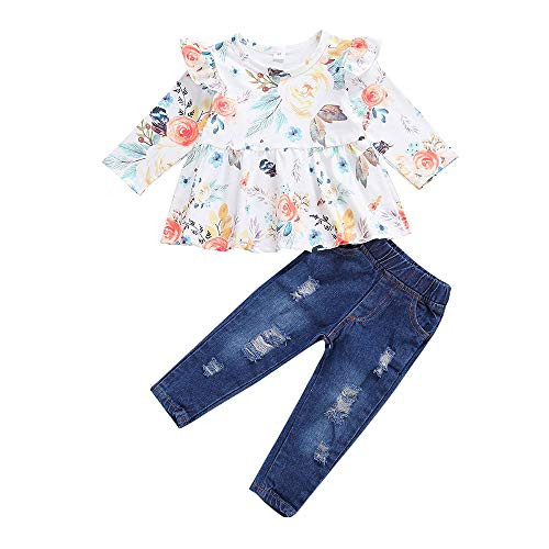 Toddler Baby Girls Fall Winter Clothes Ruffle Floral Long Sleeve Shirt Top Ripped Jean Denim Pants Outfit Set Orange-Flower 3-4T Toddler Baby Girls Fall Winter Clothes Ruffle Floral Long Sleeve Shirt Top Ripped Jean Denim Pants Outfit Set Orange-Flower 3-4T
