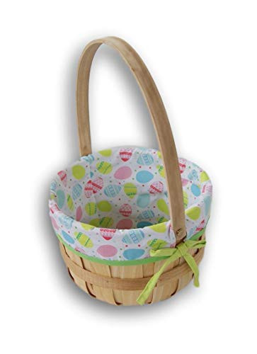 Wooden Easter Gift Basket with Liner and Mobile Handle - 9 Inch Diameter  Easter Eggs