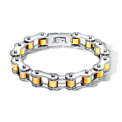 Masculine Mens Biker Bracelet Two Tone Stainless Steel Motorcycle Bike Chain Bracelet Heavy Metal Wristband 8 Inch Gold Masculine Mens Biker Bracelet Two Tone Stainless Steel Motorcycle Bike Chain Bracelet Heavy Metal Wristband 8 Inch Gold