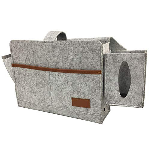 Autotipps Bedside Organizer  Felt Bed Storage Caddy with Tissue Box and Water Bottle Holder  for Tablet Magazine Phone Remote Holder for Home College Dorm Bed Rails  Sofa  Bunk Beds  Light Grey