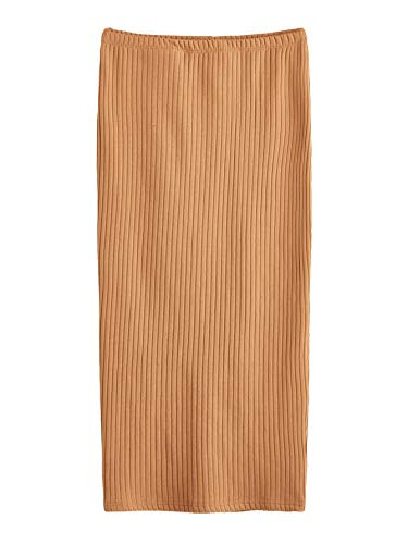 SheIn Women's Basic Plain Stretchy Ribbed Knit Split Full Length Skirt Orange Medium