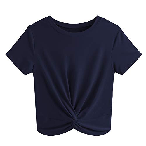 JINKESI Women's Summer Causal Short Sleeve Blouse Round Neck Crop Tops Twist Front Tee T-Shirt Navy Blue-Medium