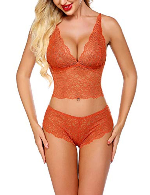 ADOME Lingerie Set for Women Lace Bra and Panty Two Piece Babydoll Underwear Orange Small ADOME Lingerie Set for Women Lace Bra and Panty Two Piece Babydoll Underwear Orange Small