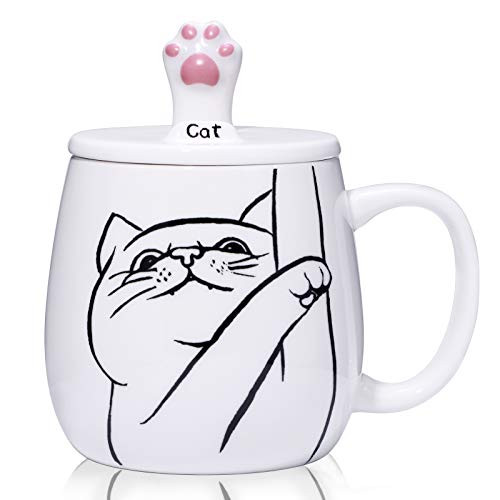 ToCooTo 16 oz Cute Ceramic Cat Coffee Mug Cat Paw Mug Tea Cup with Lid