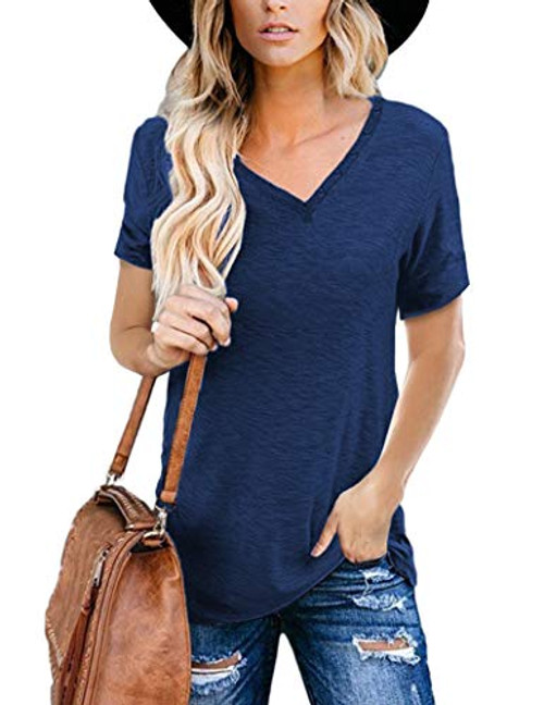 Aoysky Women's Short Sleeve T Shirts V Neck Casual Loose Summer Tops Shirts Navy Blue