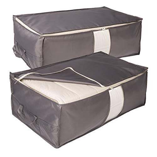 Surblue Clothing Storage Bags with Clear Window Reinforced Handle Fabric Sturdy Zipper Waterproof Foldable Oxford under Bed Storage Bags for Comforters  Blankets  quilt  Bedding  Pillow  Clothes  2 Pack Gray 85L