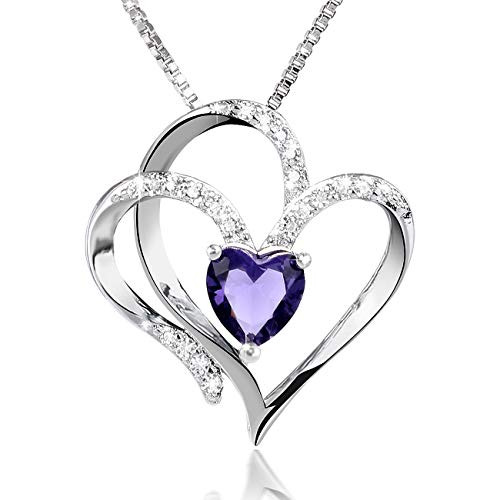 Silver Heart Necklace 14K White Gold Plated Heart Pendant Necklaces for Women With 5A Cubic Zirconia Jewelry Gift for Wife Mom Girlfriend  Purple