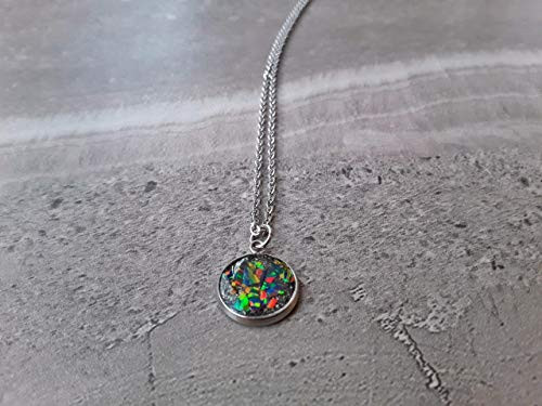 Black Rainbow Fire Opal October Birthstone Stainless Steel Confetti Necklace