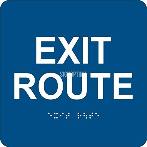 ADA Exit Route Sign with Braille and Raised Letters  ADA Compliant 6"x6" with 3M Double Sided Tape  Blue