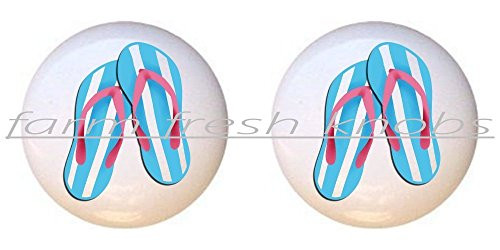 SET OF 2 KNOBS - Blue and White Striped Flip Flops - Beach - DECORATIVE Glossy CERAMIC Cupboard Cabinet PULLS Dresser Drawer KNOBS
