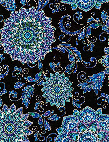 Gorgeous Medallions  Aqua  Blue  Lavender  Black  Regency  Gold Metallic Accent  Timeless Treasures  Regency-CM7310-Black  by The Yard