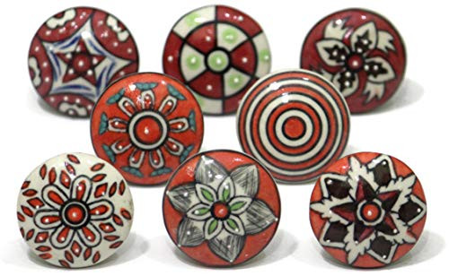 OwlKraft Set of 8 Red Mandala Ceramic Knobs - Cabinet knobs - Drawer knobs - Cabinet pulls - Door knobs