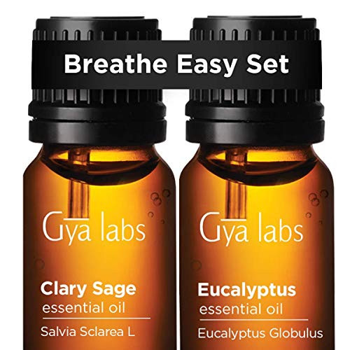 Clary Sage Oil and Eucalyptus Oil - Gya Labs Breathe Easy Set for Relaxation  Sinus Relief and Congestion Relief -100 Pure Therapeutic Grade Essential Oils Set to Improve Breathing and Sleep - 2x10ml