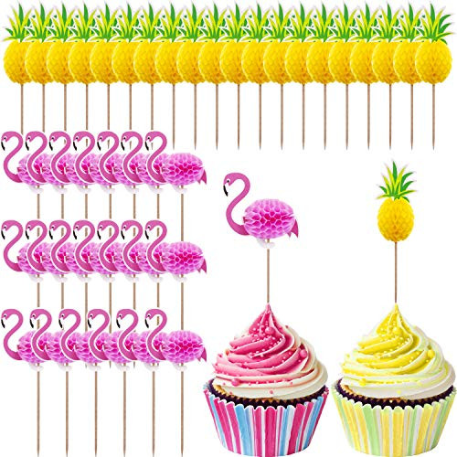 TecUnite 40 Pieces Cupcake Toppers Cocktail Picks Cake Decoration for Luau Hawaii Birthday Wedding Beach Party (Flamingo and Pineapple)
