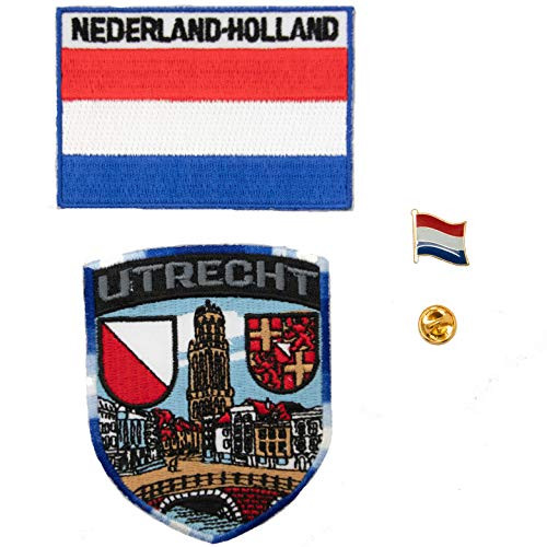 A-ONE 3 PCS Pack- Utrecht Landmark Shield Patch Plus Netherlands Flag Patch Plus Netherlands Flag Badge  Stick On and Iron on Patches for Clothes No.115B
