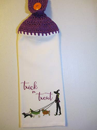 Crocheted Halloween Witch Walking Dogs Kitchen Towel with Purple Metallic Yarn