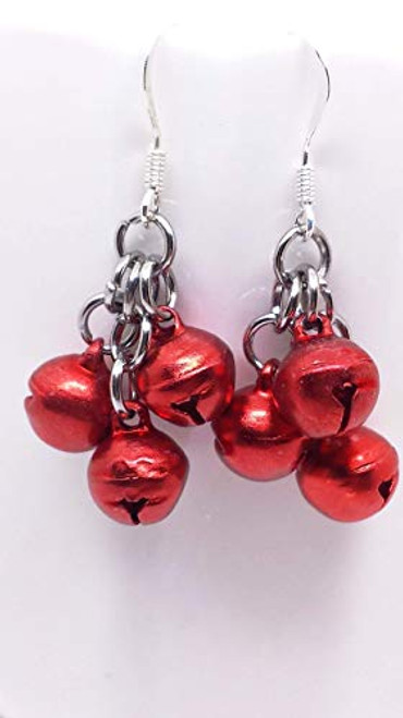 Christmas Jingle Bell Earrings. Red Holiday Jewelry.