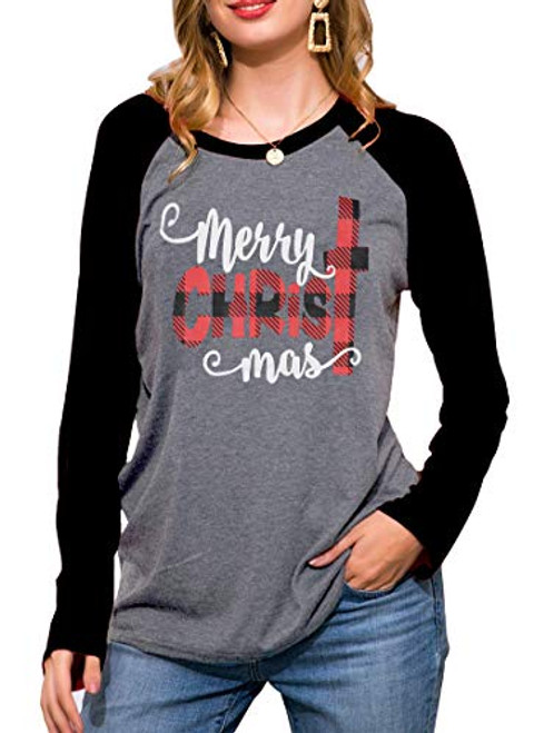 Merry Christmas T Shirt Women Xmas Plaid Letter Print Baseball Tops Tees Casual Long Sleeve Holiday Shirts Tops  Small  Black
