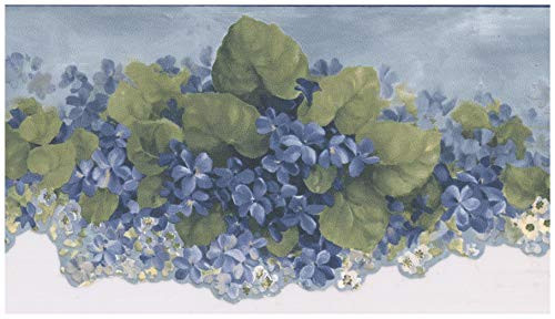 Prepasted Wallpaper Border - Blue White Flowers Scalloped Wall Border Retro Design  Roll 15 ft. x 5 in.