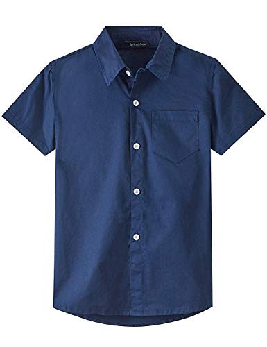Spring and Gege Boys' Short Sleeve Dress Shirts Formal Uniform Cotton Solid  Navy Blue  13-14 Years
