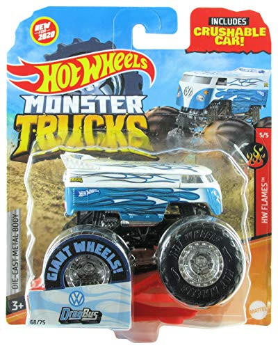 Hot Wheels Monster Trucks 2020 1 64 Scale Truck with Crushable Car 68 75 HW Flames 5 5 VW Volkswagen Drag Bus
