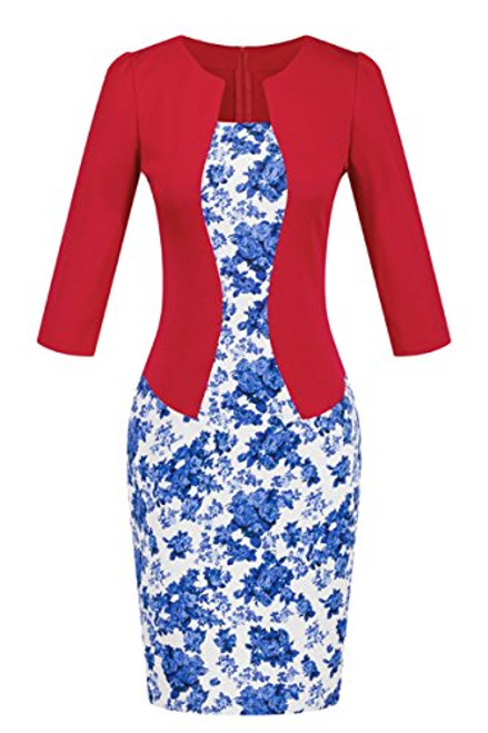 YMING Work Dress Women Classic Pencil Dress One Piece Knee Length Dress Red S