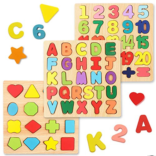 Wooden Puzzles for Toddlers  YOHELLY Wooden Alphabet Number Shape Puzzles Board Toddler Preschool Learning Toys for Kids Ages 3 4 5 6 Boys Girls  Set of 3