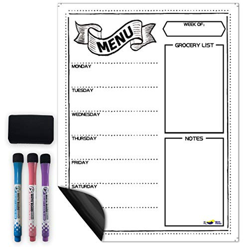 Magnetic Dry Erase Menu White Board for Kitchen Fridge with Fine Tip Markers - 16x12" - Weekly Meal Planner and Grocery List Notepad for Refrigerator - Easy to Erase Cute Whiteboard Calendar