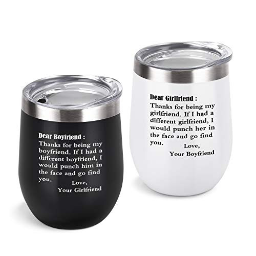 2 Pack Dear Thanks for being my girlfriend boyfriend  Engagement Valentine's Day Birthday Gift for Couples Girlfriend Her Women  12 Oz Stainless Steel Wine Tumbler with Lid and Straw  Black and White