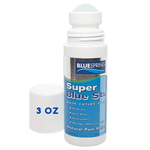 Super Blue Stuff Natural Pain Relief roll on with Emu Oil by BlueSpring- Pain relief rub Anti Inflammatory Analgesic Cream for Back  Knee  Joint  Muscle  Arthritis  and neck Pain Relief- 3 Oz roll-on.