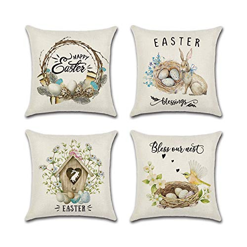 KENPMA Easter Pillow Covers 18x18 Set of 4 Happy Easter Decorations Bunny Eggs Cotton Linen Throw Pillowcases Cushion Case Easter Farmhouse Decor for Sofa Couch Bed Bedroom Car Home Decoration KENPMA Easter Pillow Covers 18x18 Set of 4 Happy Easter Decorations Bunny Eggs Cotton Linen Throw Pillowcases Cushion Case Easter Farmhouse Decor for Sofa Couch Bed Bedroom Car Home Decoration