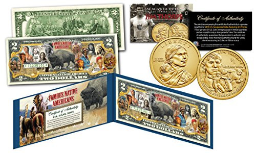 Famous Native Americans Buffalo Official 2 Bill w Jim Thorpe Sacagawea 1 Coin