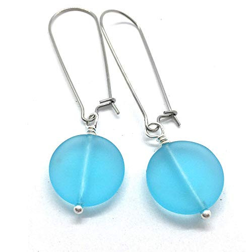 Sea Glass Earrings  Light Aqua Blue Sea Glass Coin Earrings  Ocean Inspired Jewelry Handmade in the Caribbean  Gift for Women