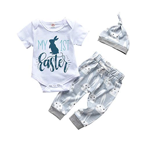 Newborn Baby Boy Easter Outfits My First Easter Short Sleeve RomperPlusRabbit Print PantsPlusHat 3Pcs Baby Boy Easter Clothes  My First Easter B  12-18 Months