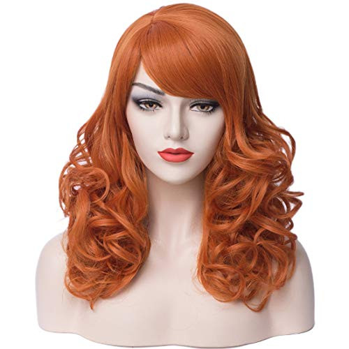 PATTNIUM Long Wavy Curly Orange Wig with Bangs for Women Shoulder Length Rose Net Wig Cosplay Costume Party Wig  Dark Orange