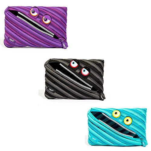 ZIPIT Wildlings Big Pencil Case Cosmetic Makeup Bag 3-Pack Bundle  Black  Blue  and Purple